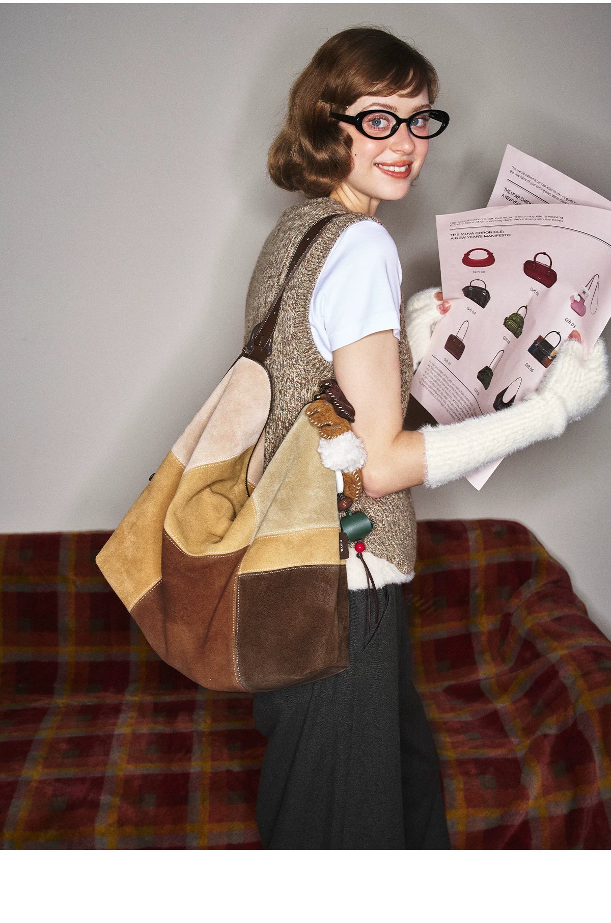 MUVA Cowhide Velvet Color Matching Stray Bag Large Capacity Shoulder Messenger Bag