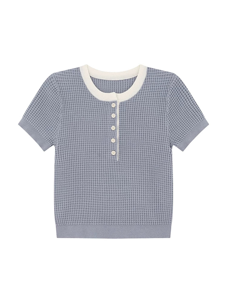 KANO Contrasting Color Round Neck Semi-open Short-sleeved Knitted Sweater