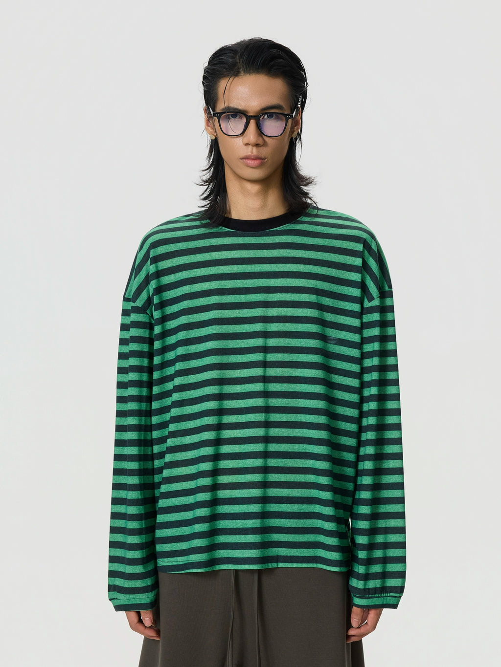 BTSG Vintage Loose Shoulder Black Green Striped Long Sleeve