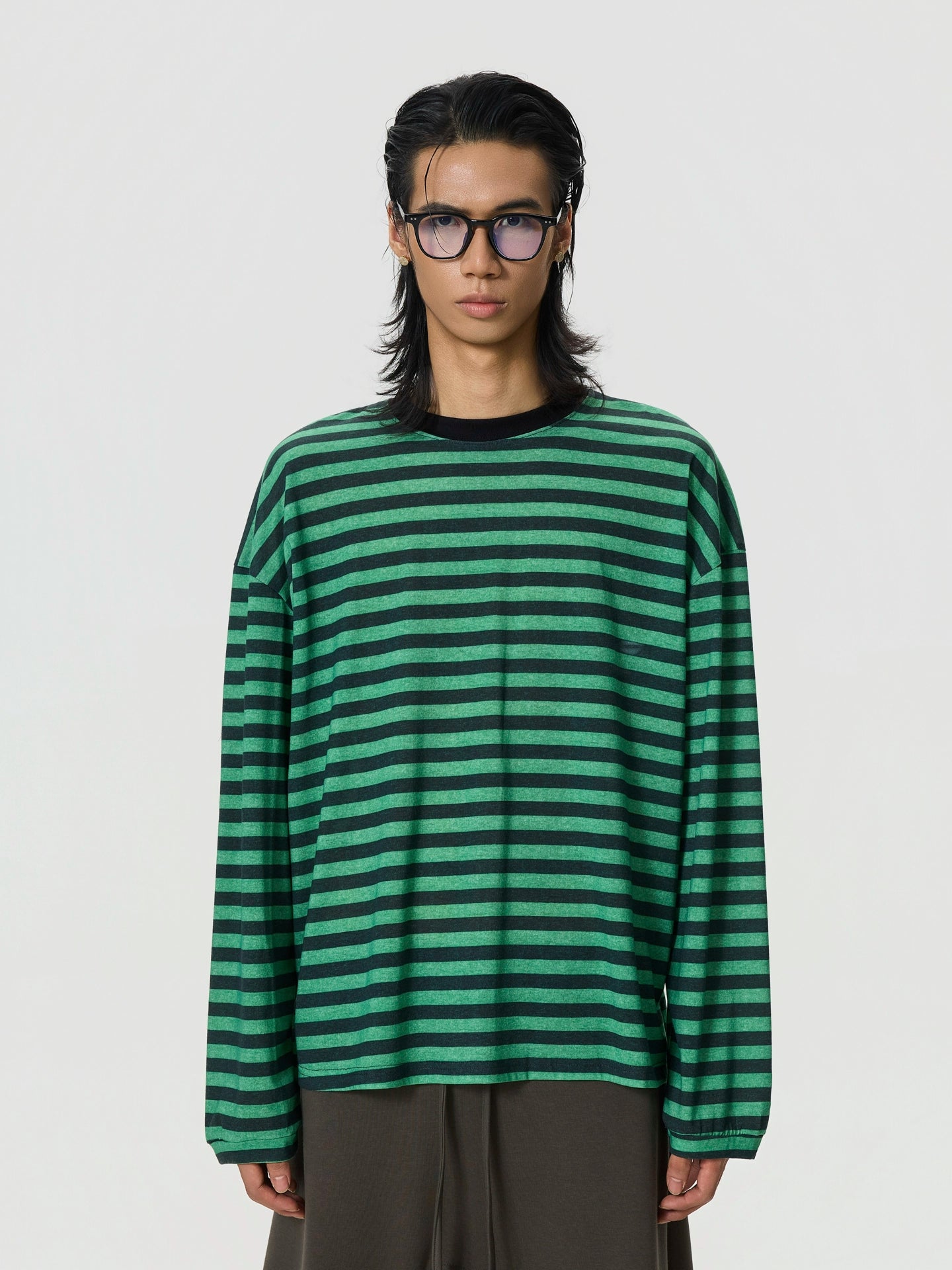 BTSG Vintage Loose Shoulder Black Green Striped Long Sleeve