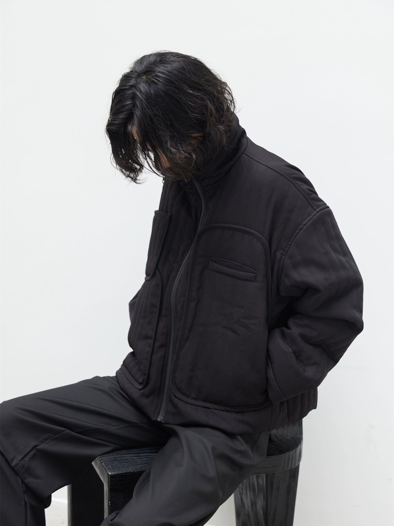 SUNYVONNE Multi-pocket Cotton-padded Stand-up Collar Short Zipper Cotton-padded Coat