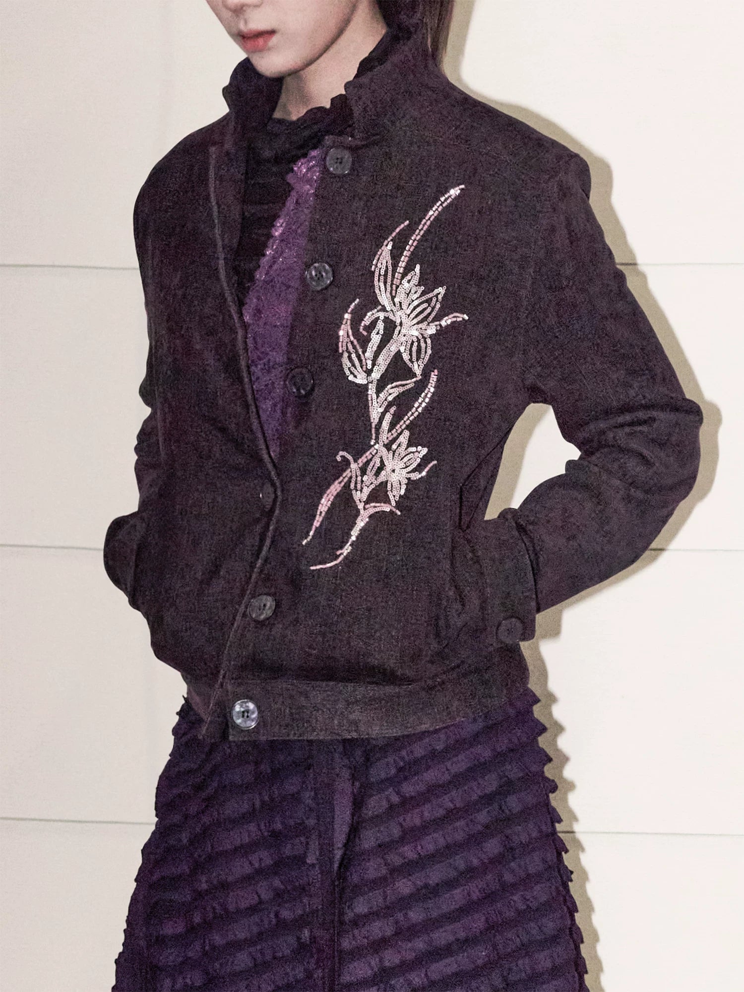 LOUMUTAKU Orchid Beaded Straight Casual Short Jacket