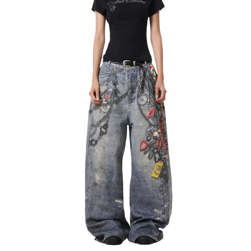 BTSG "Washed and old splashed ink 3D digital printing chain jeans"
