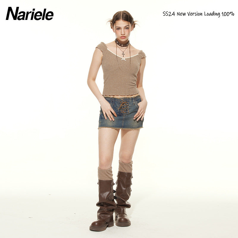 Nariele Summer French Retro Large Square Neck Women's ins Bow Tie Puff Sleeve Top