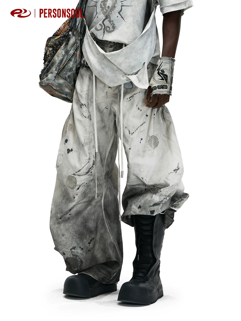 PERSONSOUL Inkjet Smudged Drawstring Jeans