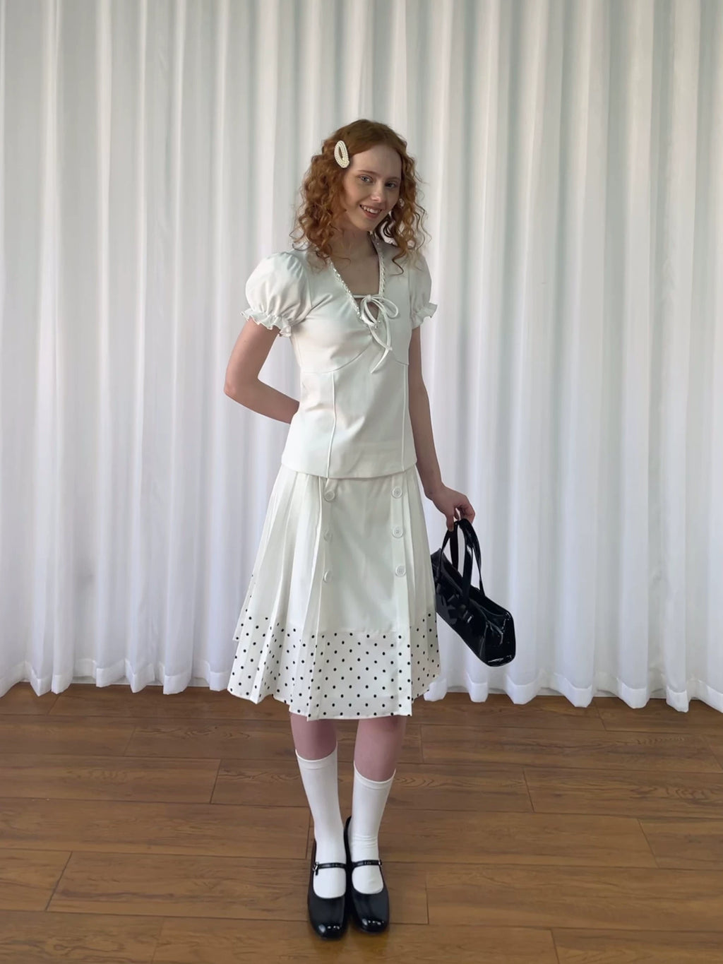 Loosesmell Double Breasted Splicing Polka Dot Crease Skirt