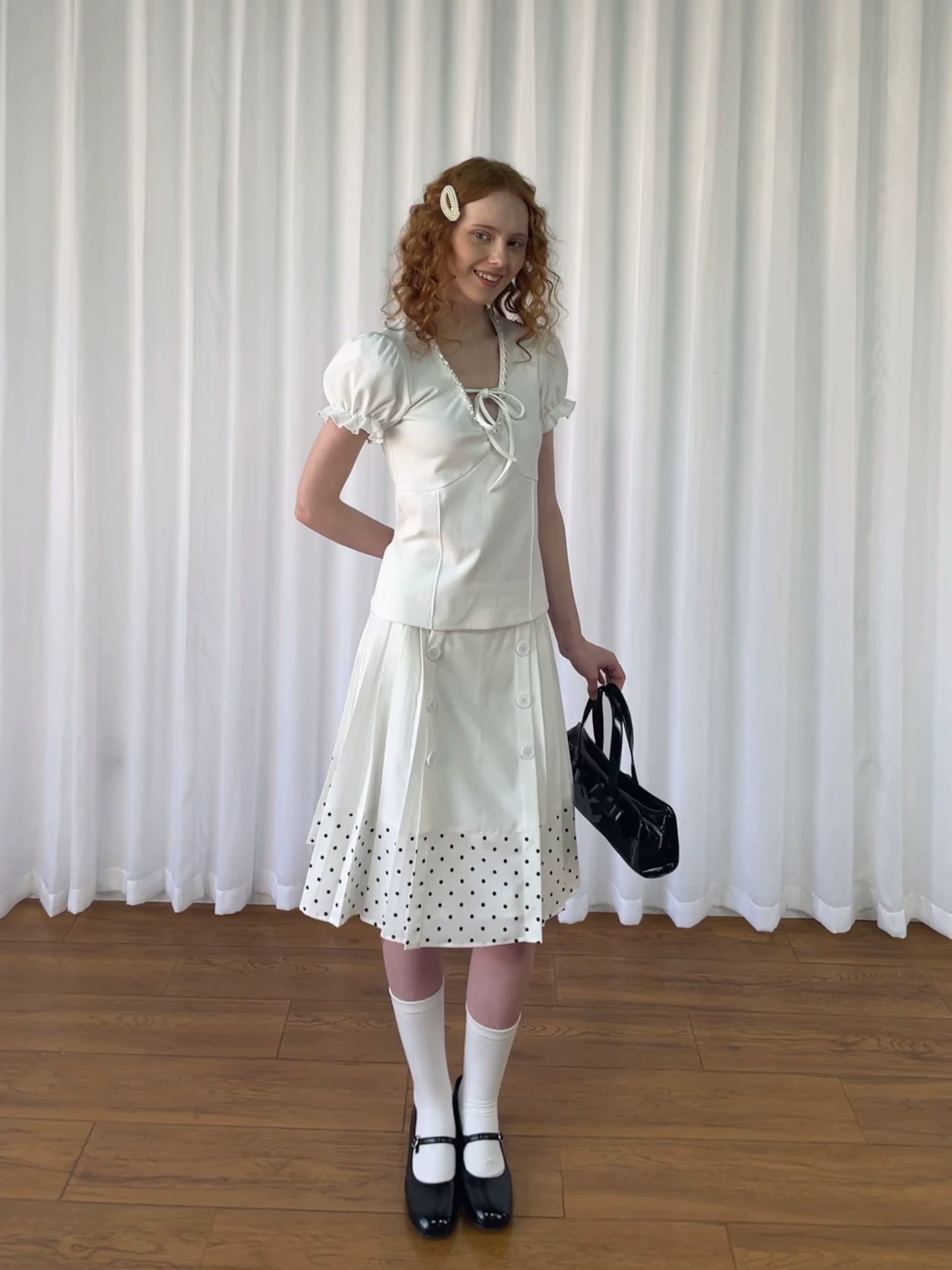 Loosesmell Double Breasted Splicing Polka Dot Crease Skirt