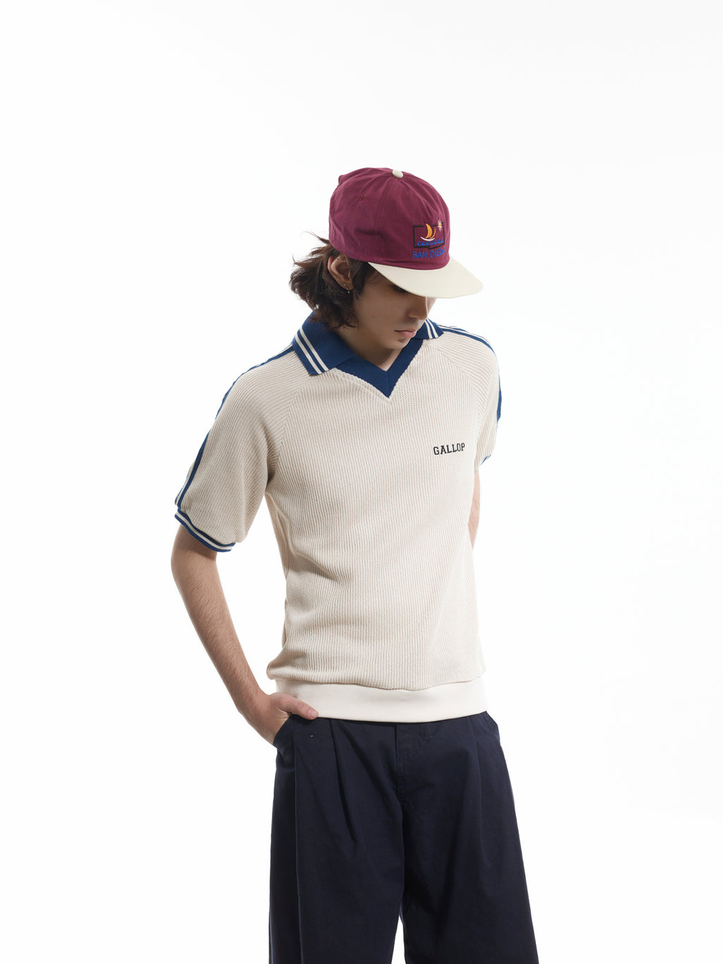 BTSG contrasting webbing striped flip V-neck short-sleeved Tee