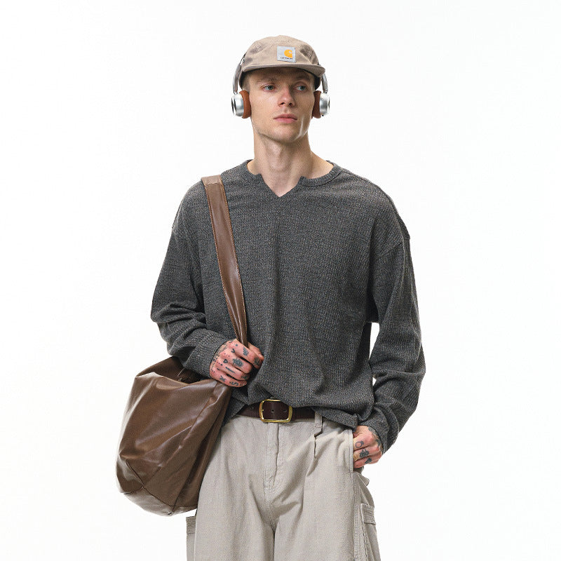 Inflation Waffle Open Neck Loose Long Sleeve