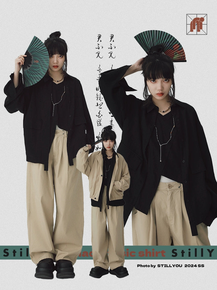 STILLYOU New Chinese-style Light Pocket Drape Long-sleeved Shirt