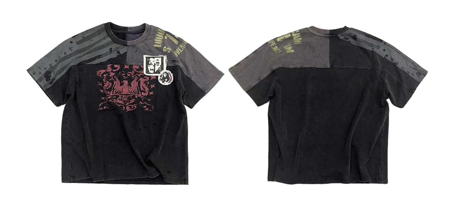 Luuucam Retro Splicing Patch Printing Loose Tee