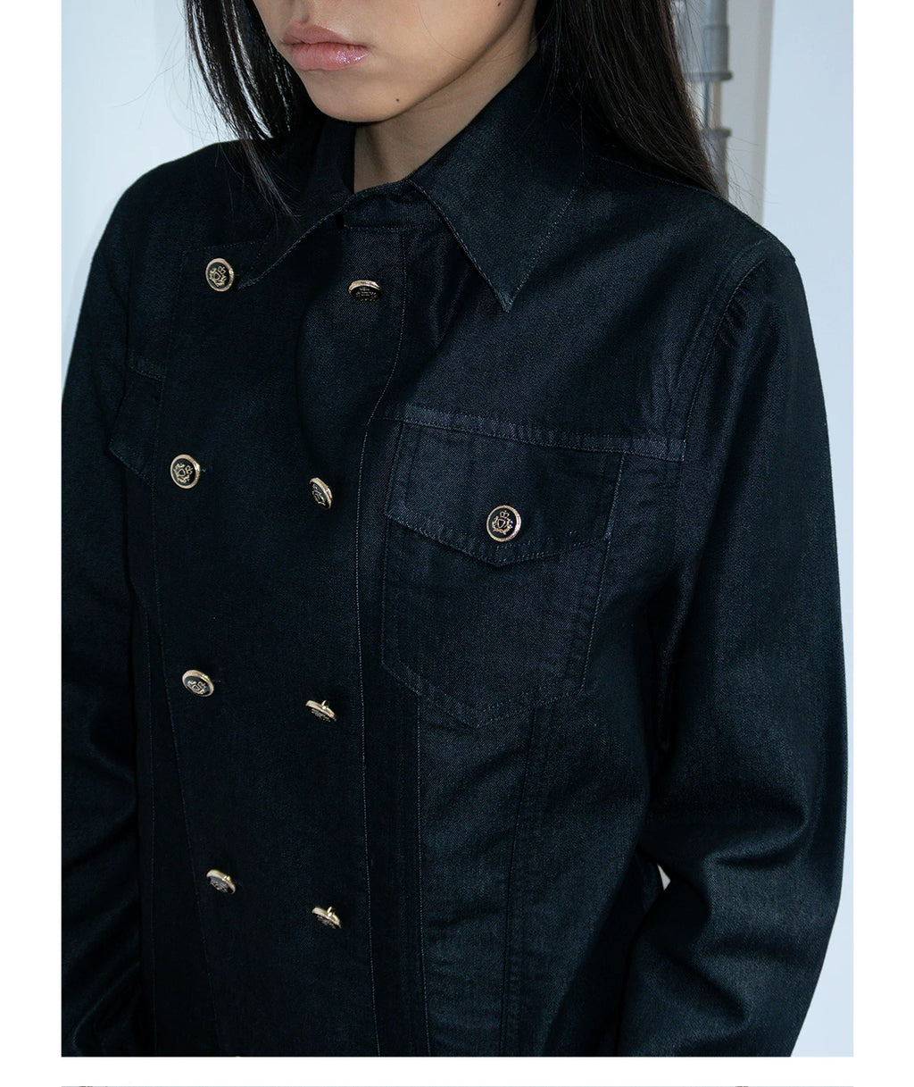 FUNKYFUN Straight Shoulder Thin Soft Denim Double-breasted Jacket