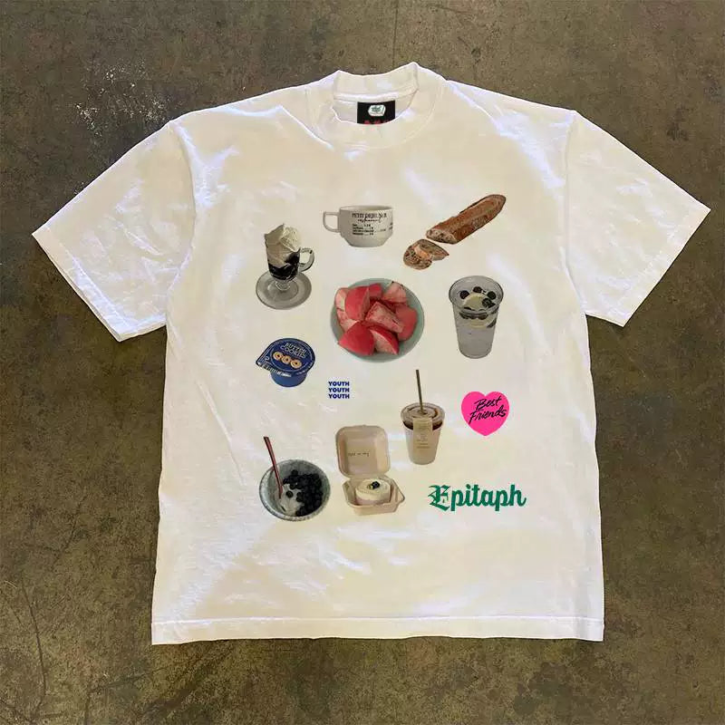UPUPXIA Snack Splicing Print Oversize Casual Tee