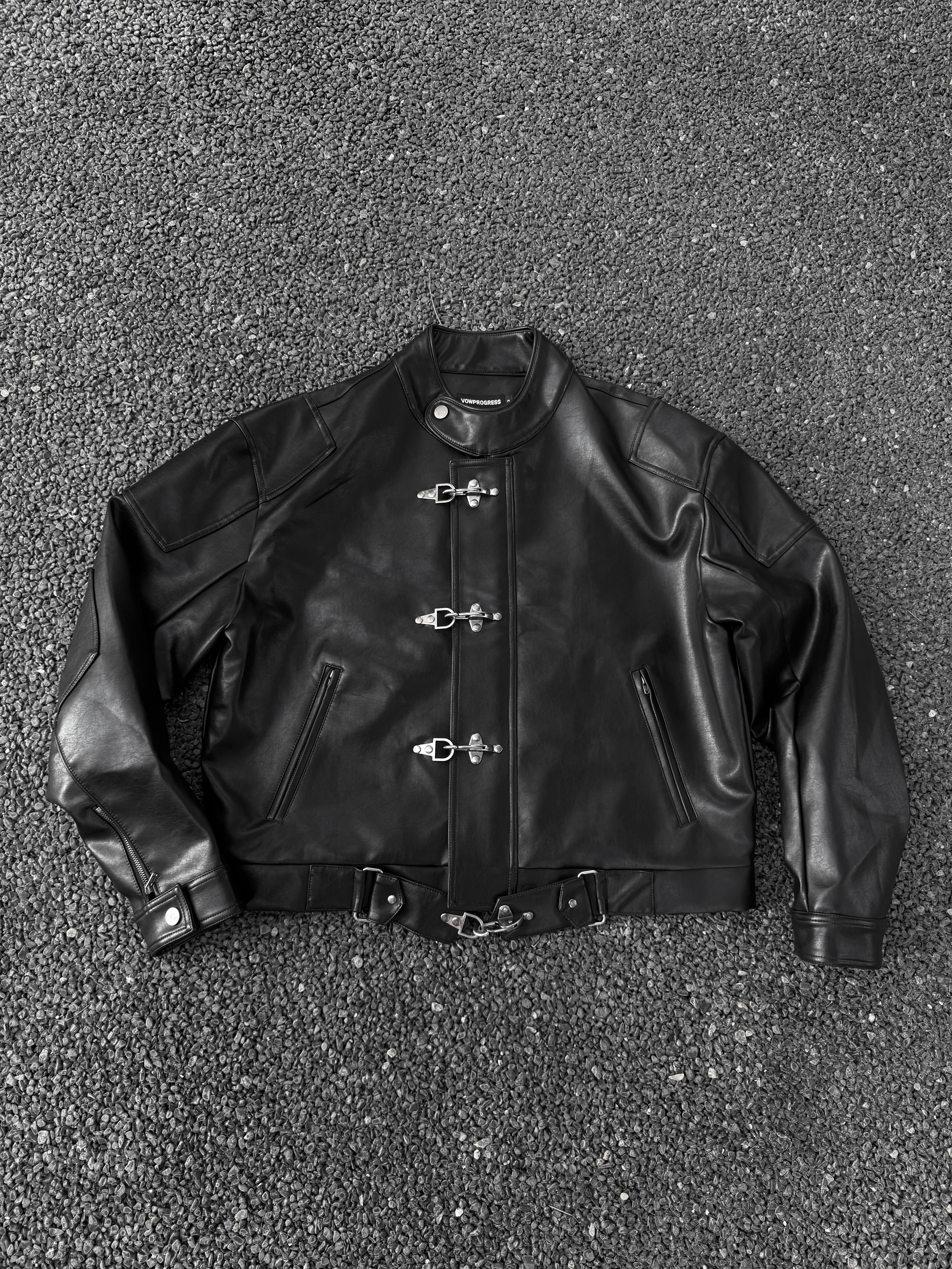 VOWPROGRESS Aircraft Buckle Deconstructed Shoulder Padded Leather Jacket