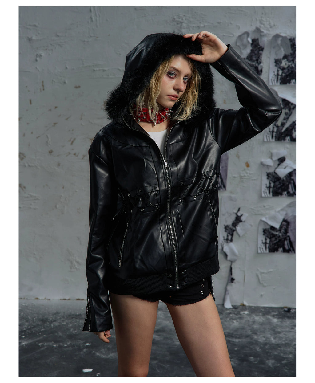PAIKI Cross Strap-on Leather Jacket Sweater Collar Jacket
