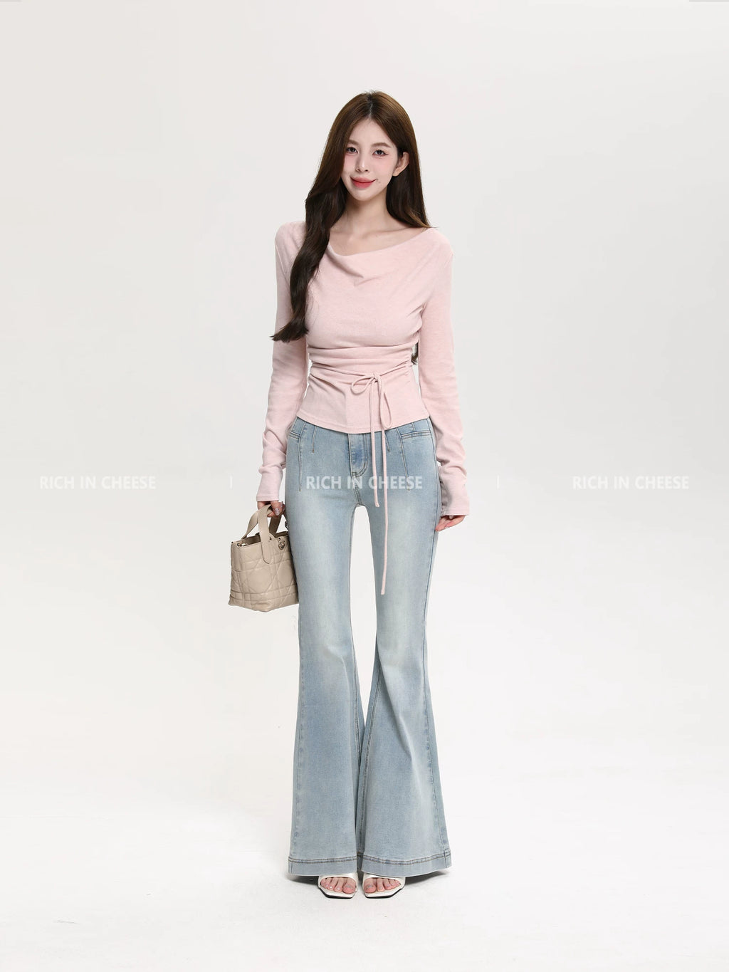 RICH IN CHEESE Pure Desire Swing Neck Knitted Waist Pleated Long Sleeves
