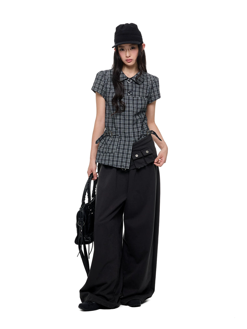 JIKOO Splicing Doll Collar Plaid Shirt Tee