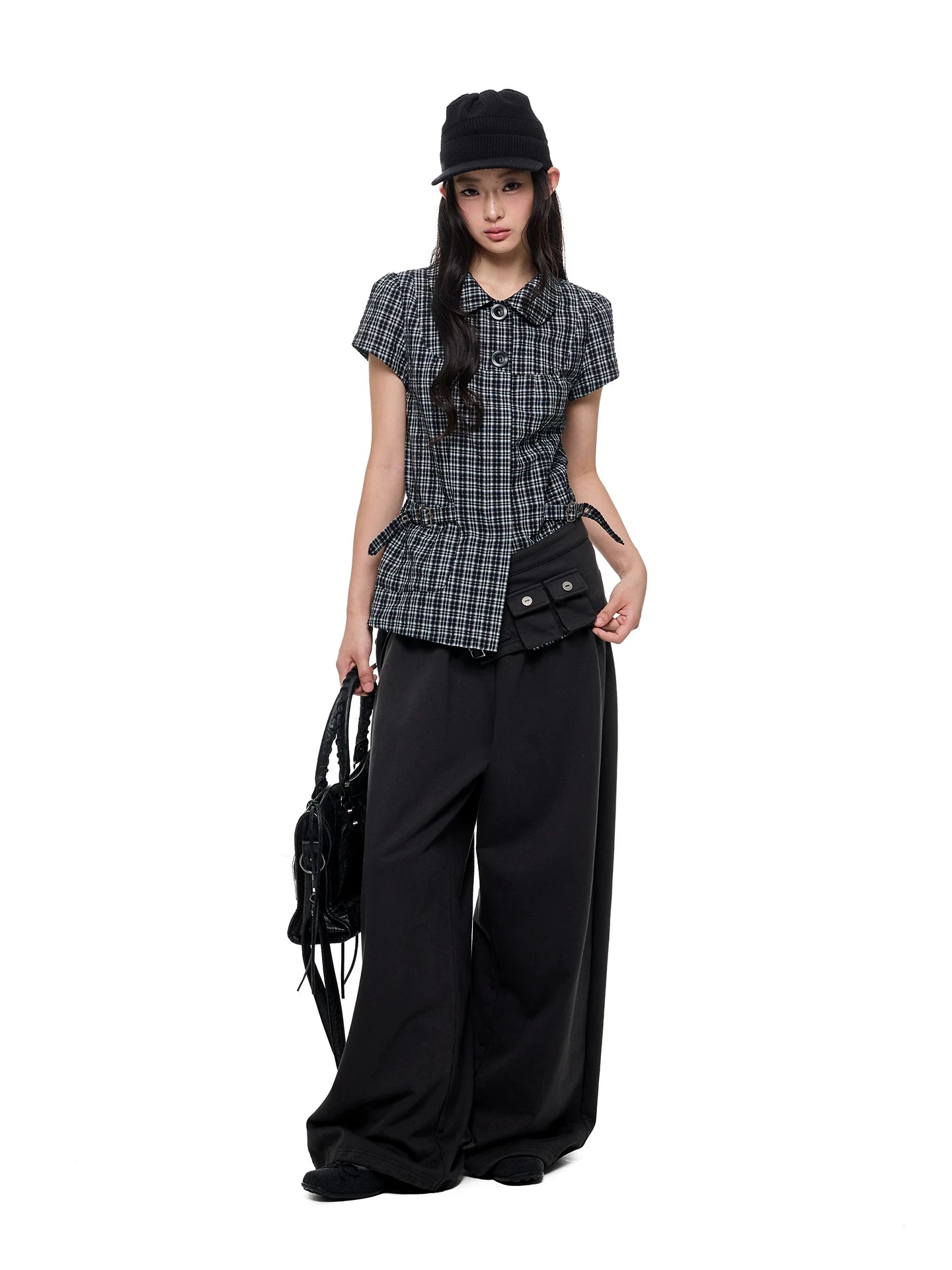 JIKOO Splicing Doll Collar Plaid Shirt Tee