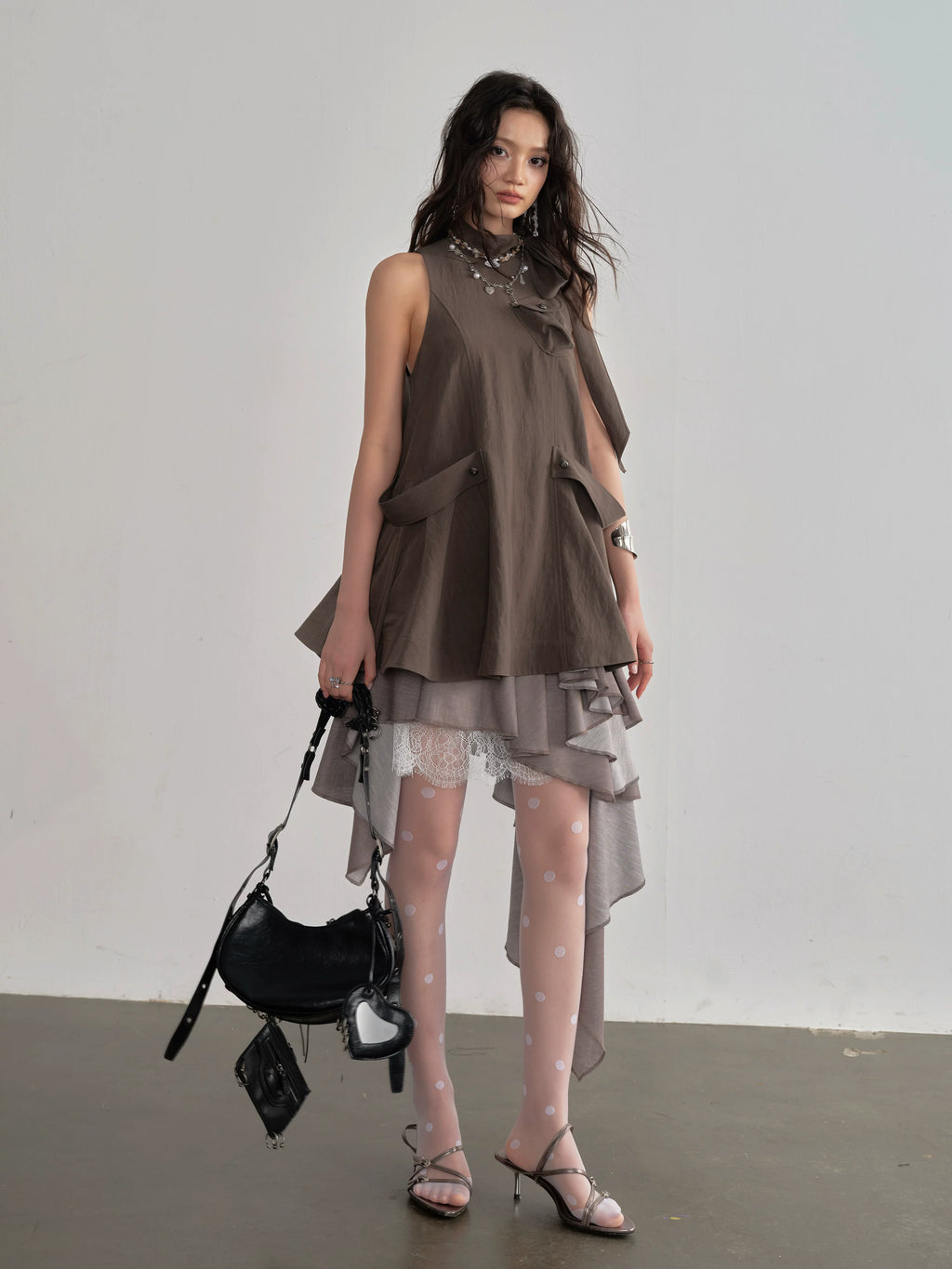 JNYLON Vintage Lace Stitching Asymmetrical Skirt
