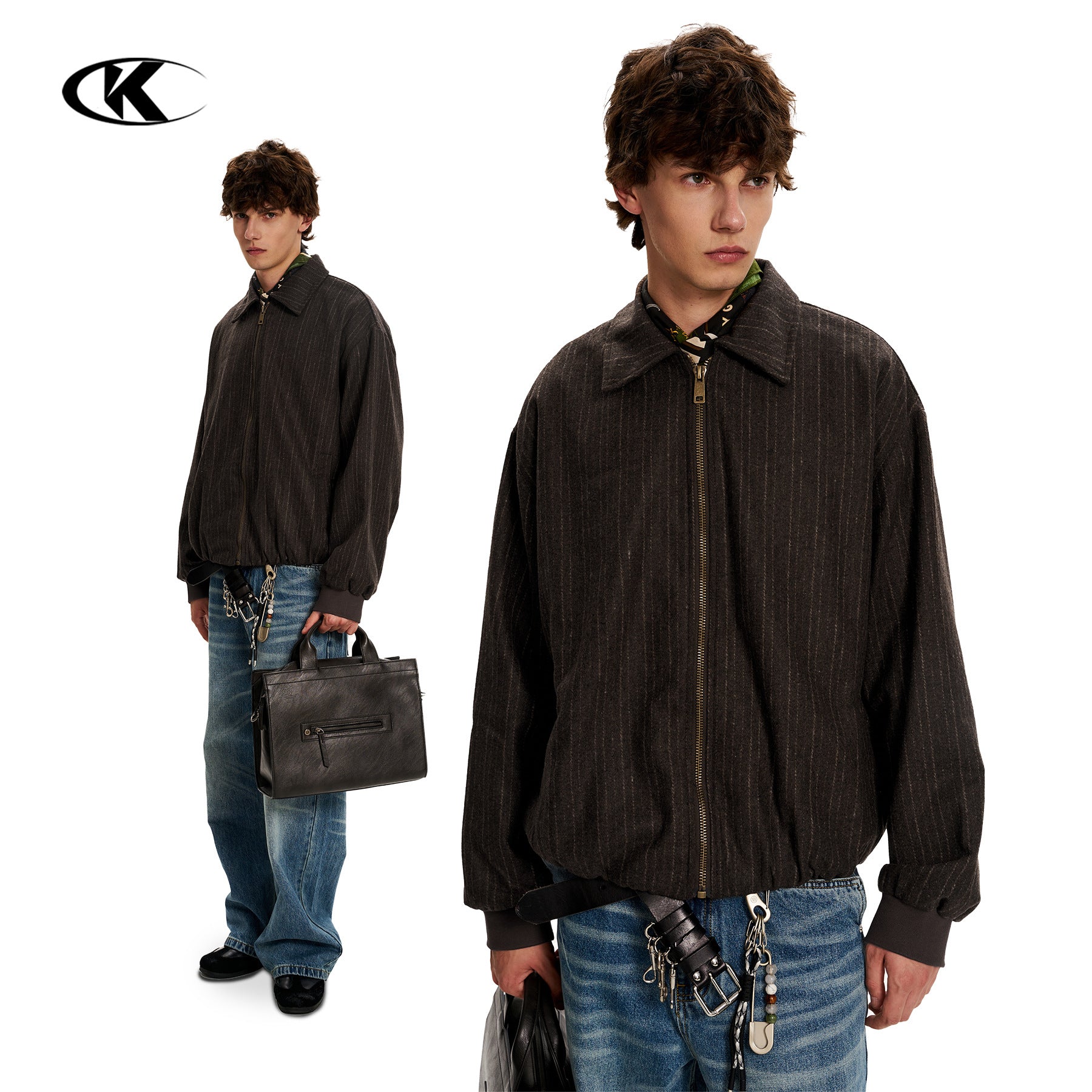 11KN Vintage Striped Short Wide Letter Embroidered Jacket