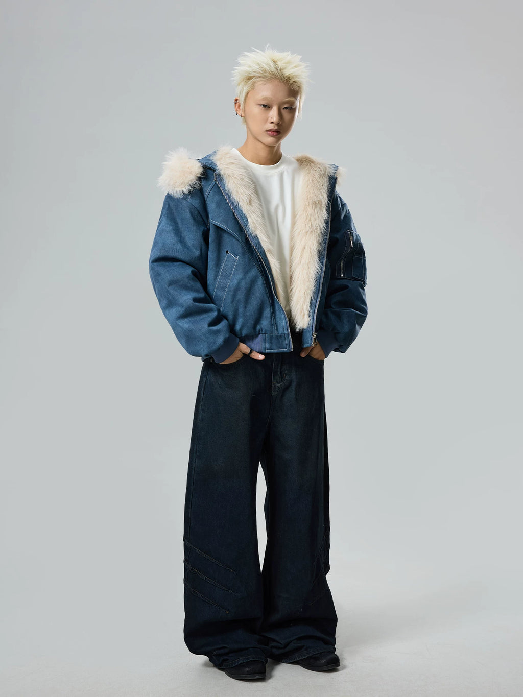 BTSG retro heavy wash scratch baggy loose wide-leg jeans