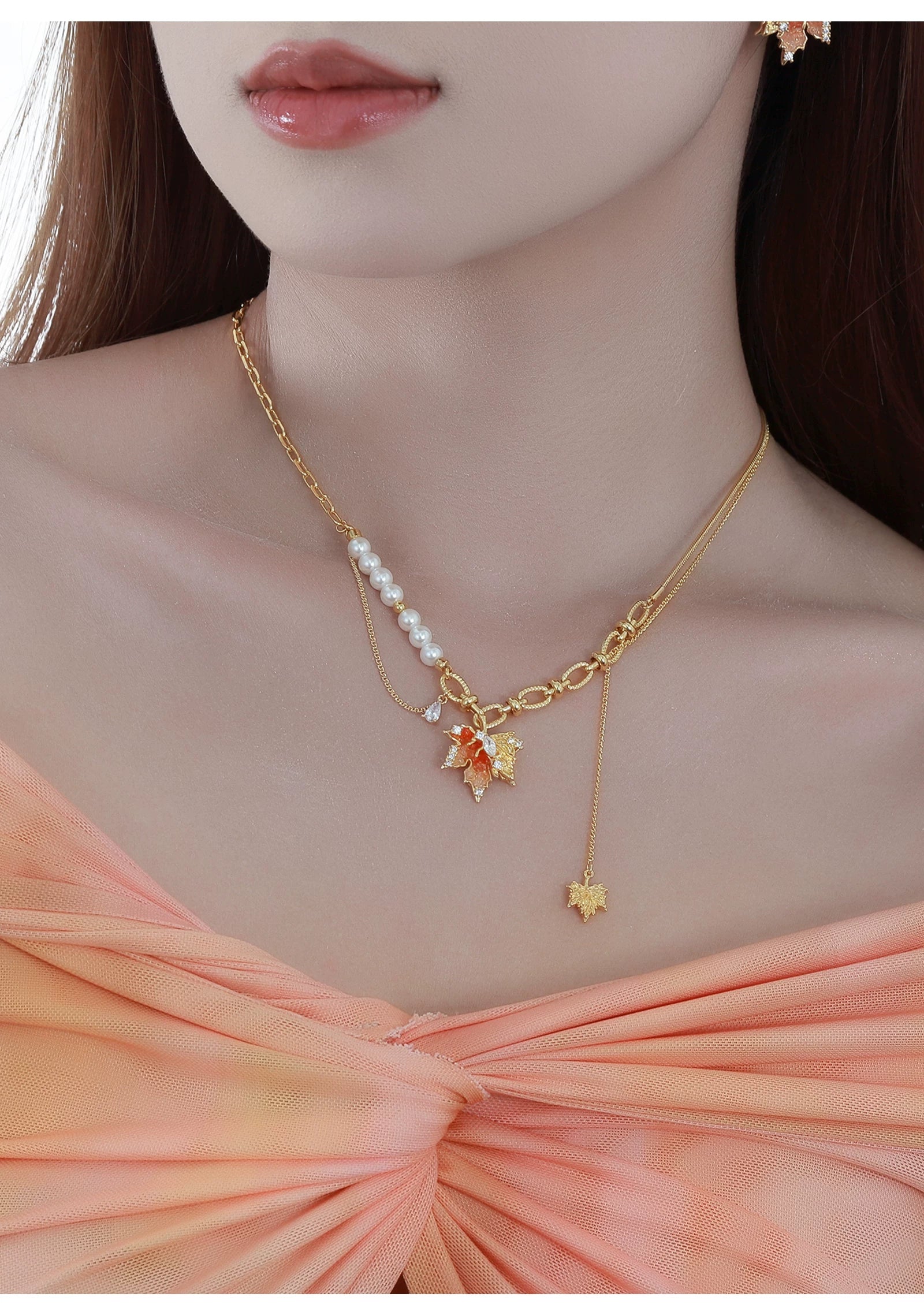 MASW Romantic Tassel Orange Maple Leaf Clavicle Chain