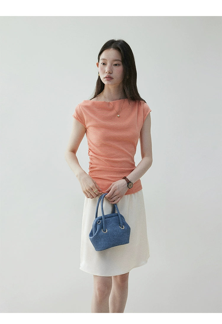 VOOE One-Neck Slash Shoulder Pleated Skinny Striped Tee