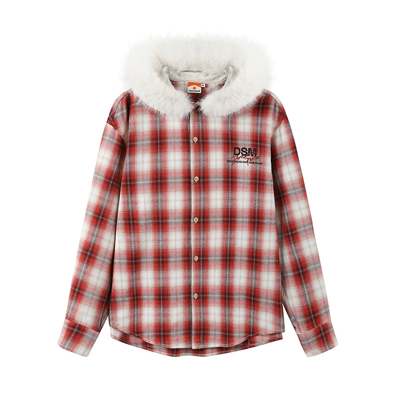 DONSMOKE Checked Hooded Fur Collar Shirt
