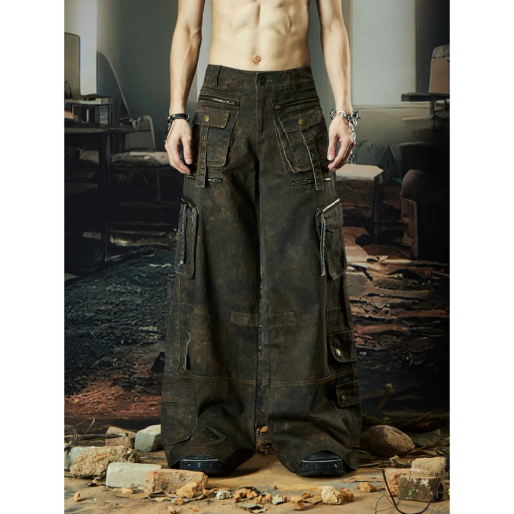 NOMANIAI Multi-pocket Streamer Zipper Splicing Layered Casual Pants