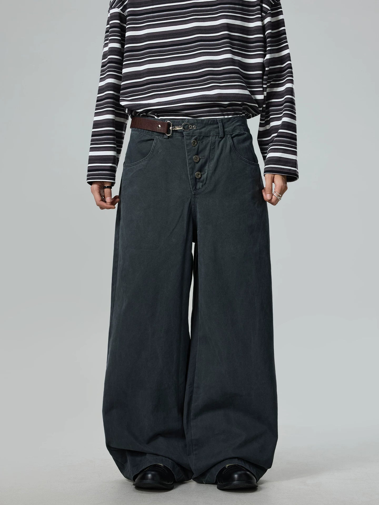 BTSG retro leather buckle waist washed gray loose wide-leg pants