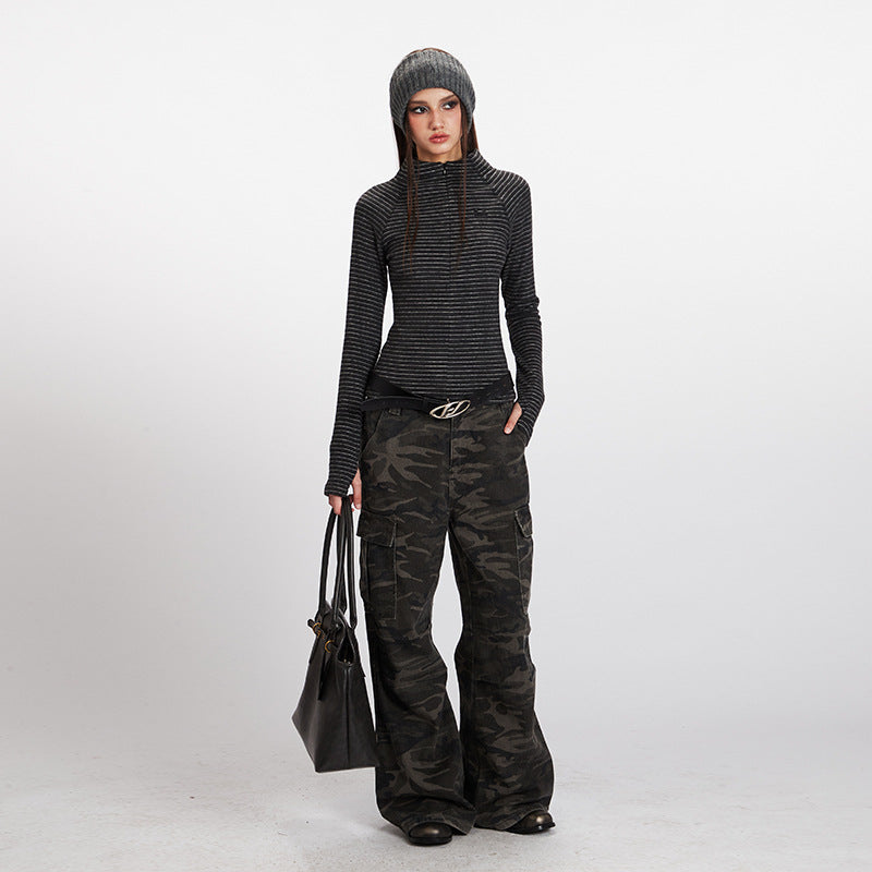 Nariele Stand Neck Slim Fit Striped Sports Long Sleeve