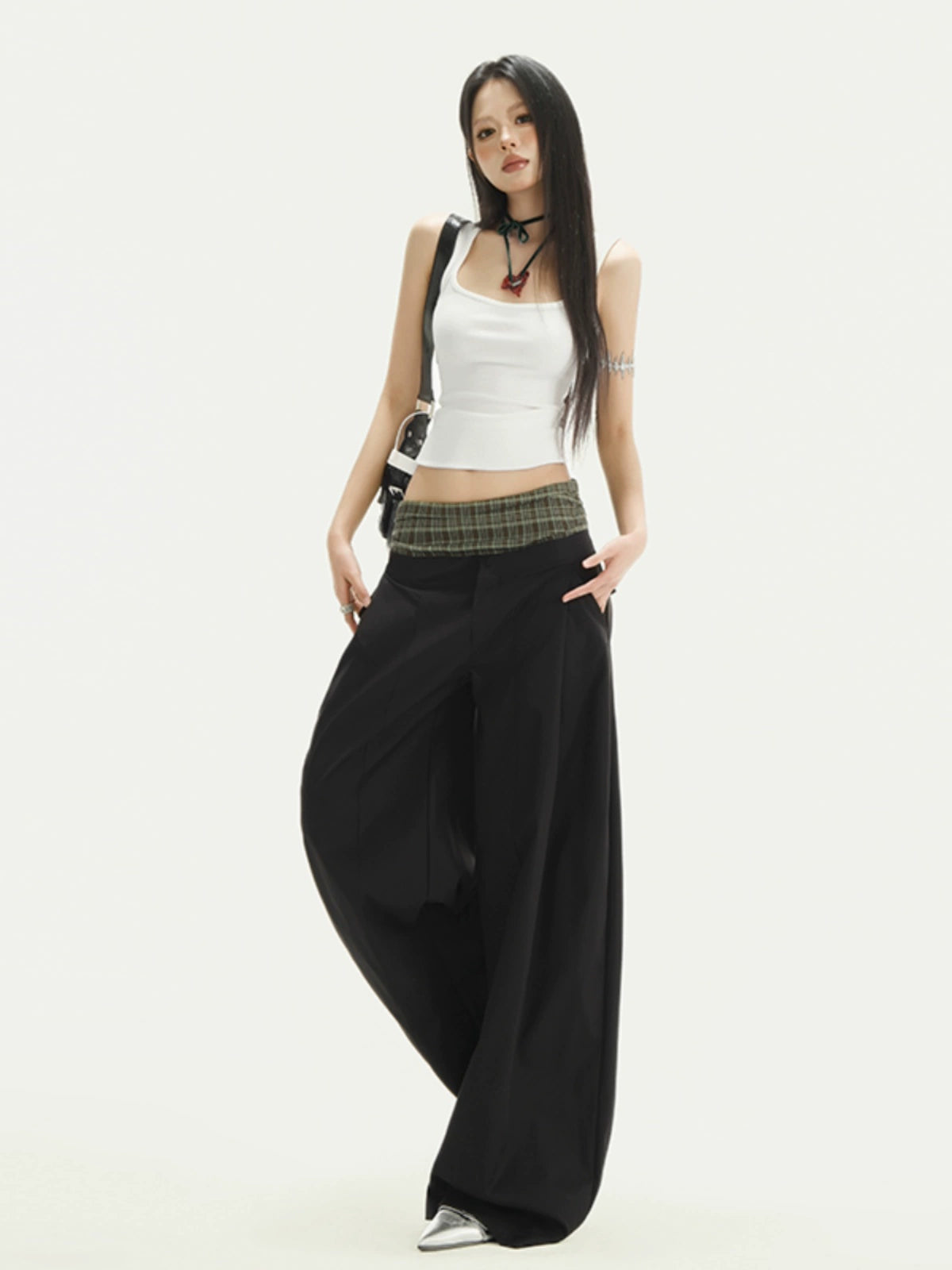 KPSR Splicing Checked Casual Loose Wide-leg Pants
