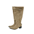 Mooreyu Suede Pointed Thick Heel Skinny Pleated Pile Boots