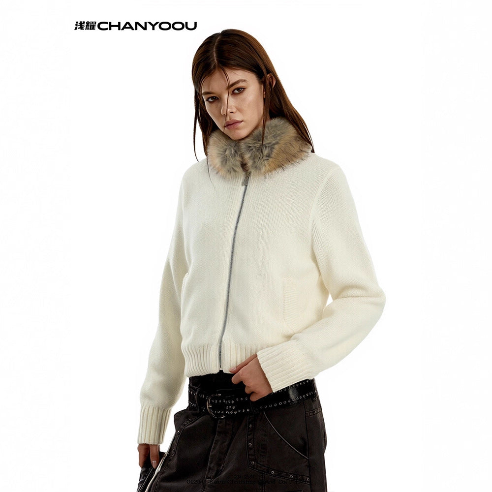 CHANYOOU Vintage Fur Neck Knitted Sweater Jacket