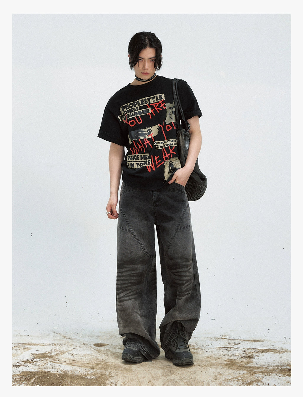 PEOPLESTYLE Vintage Pleated Washed Old Straight Jeans