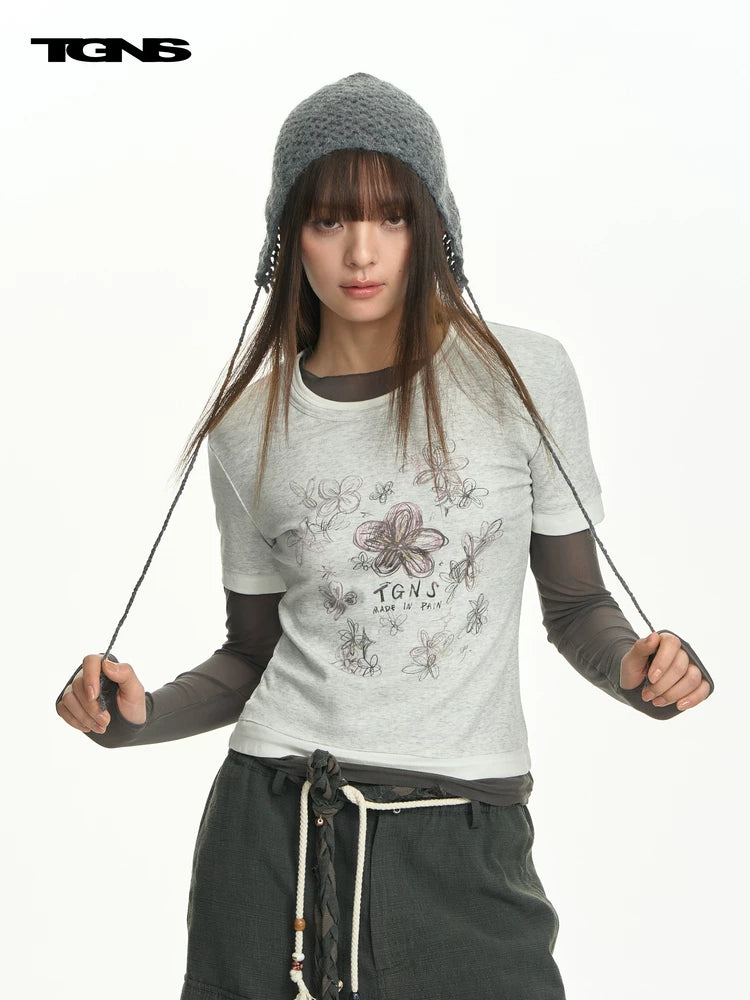 TGNS Flower-painted Graffiti Fake Three-piece Tight and Thin Long Sleeves