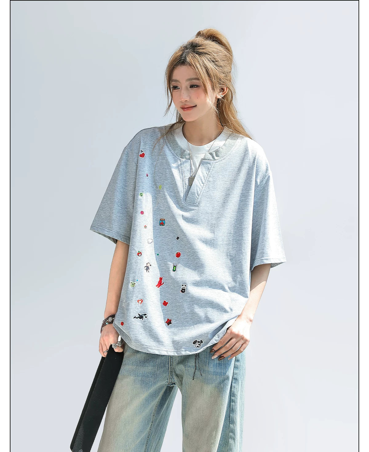 CHANT2nd Contrasting Color Splicing Fake Two-piece Loose Tee