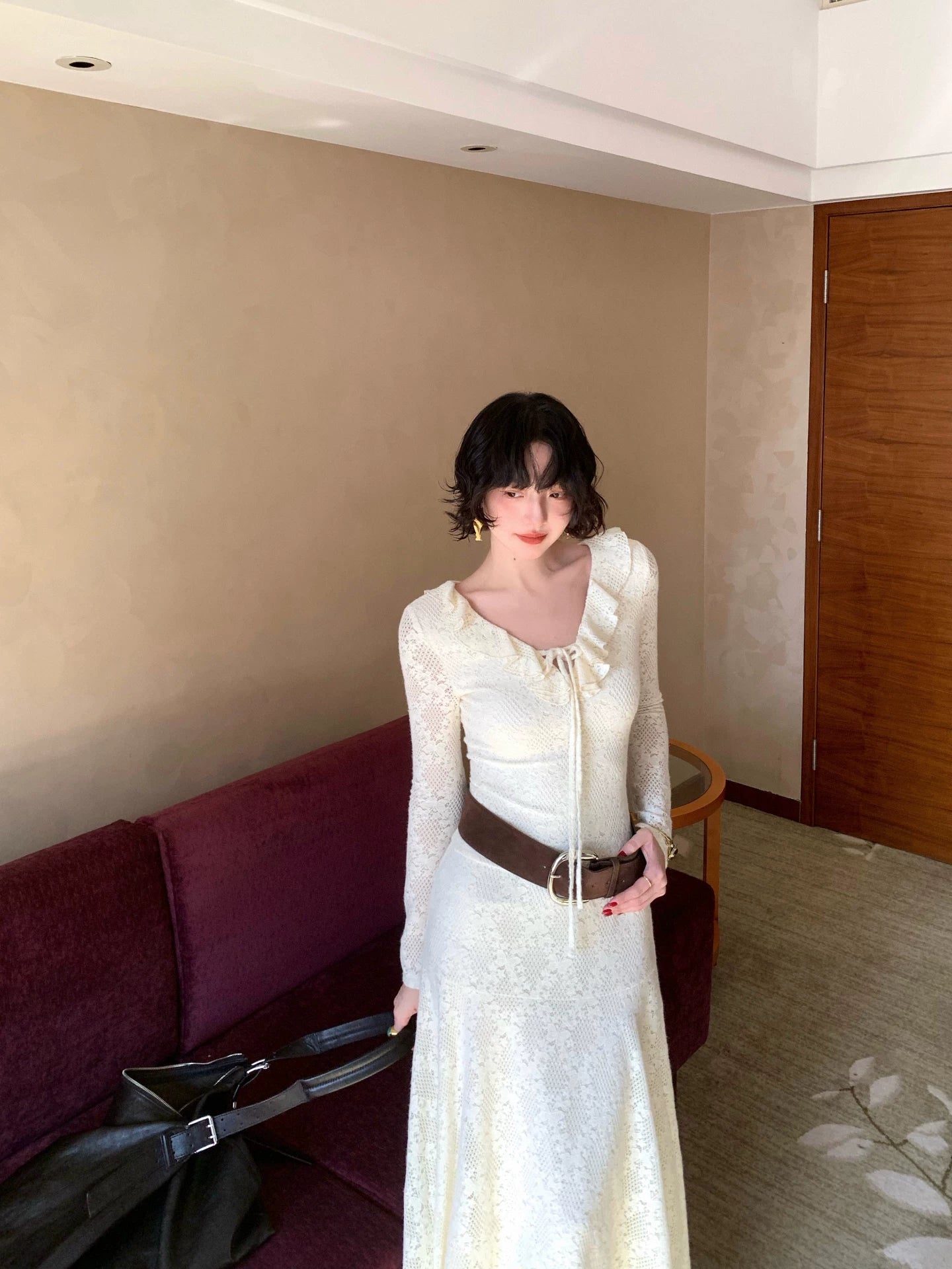 KELIFAN Vintage V-neck Lace Top Skirt Set