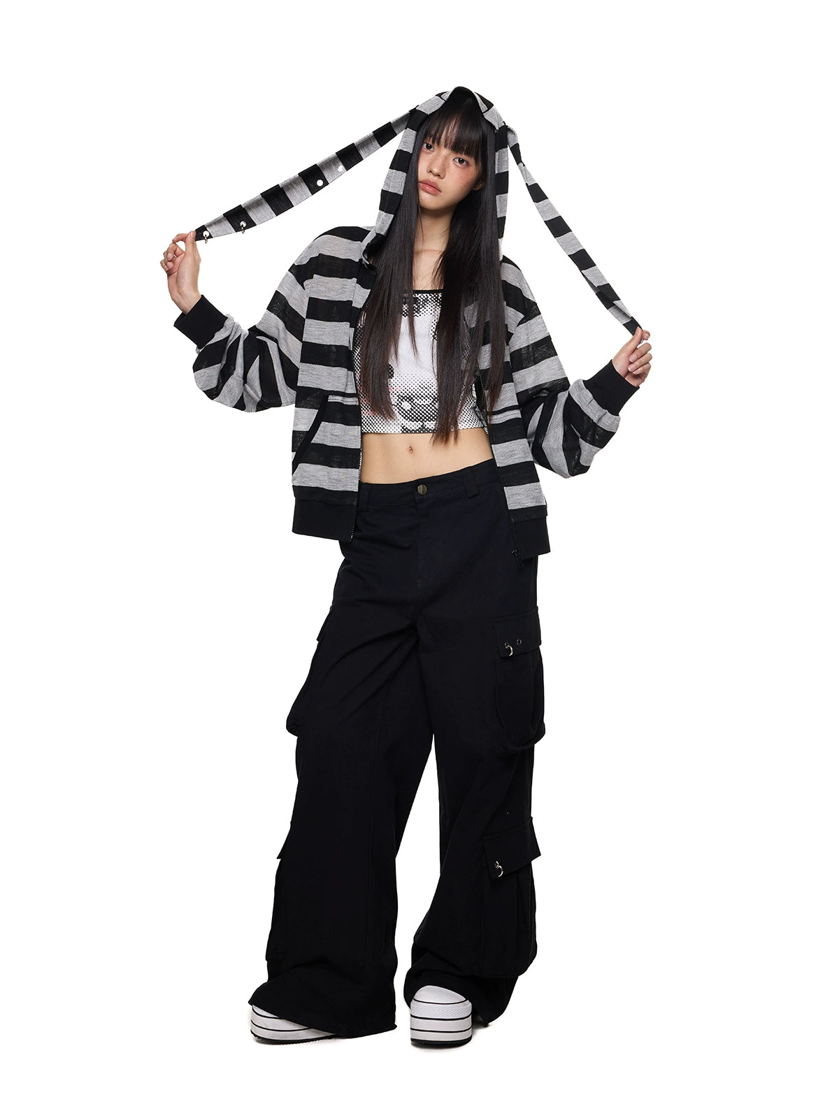 EZEK Rabbit Ear Striped Hooded Light Long-sleeved Cardigan