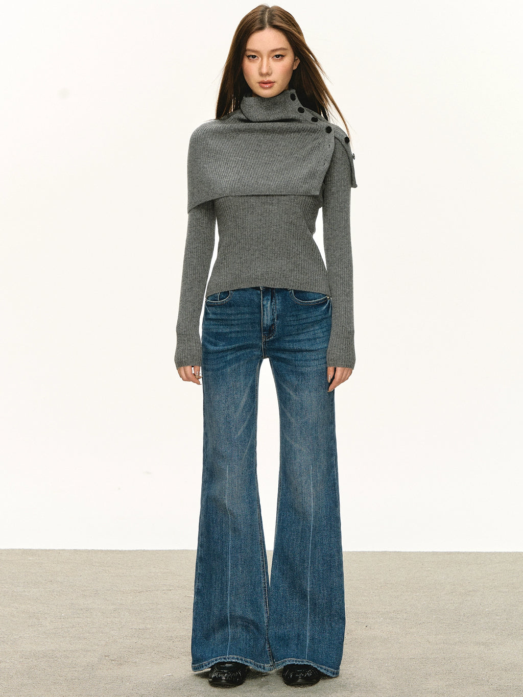 Anna Aneae Pullover High Neck Removable Shawl Bottom Long Sleeve