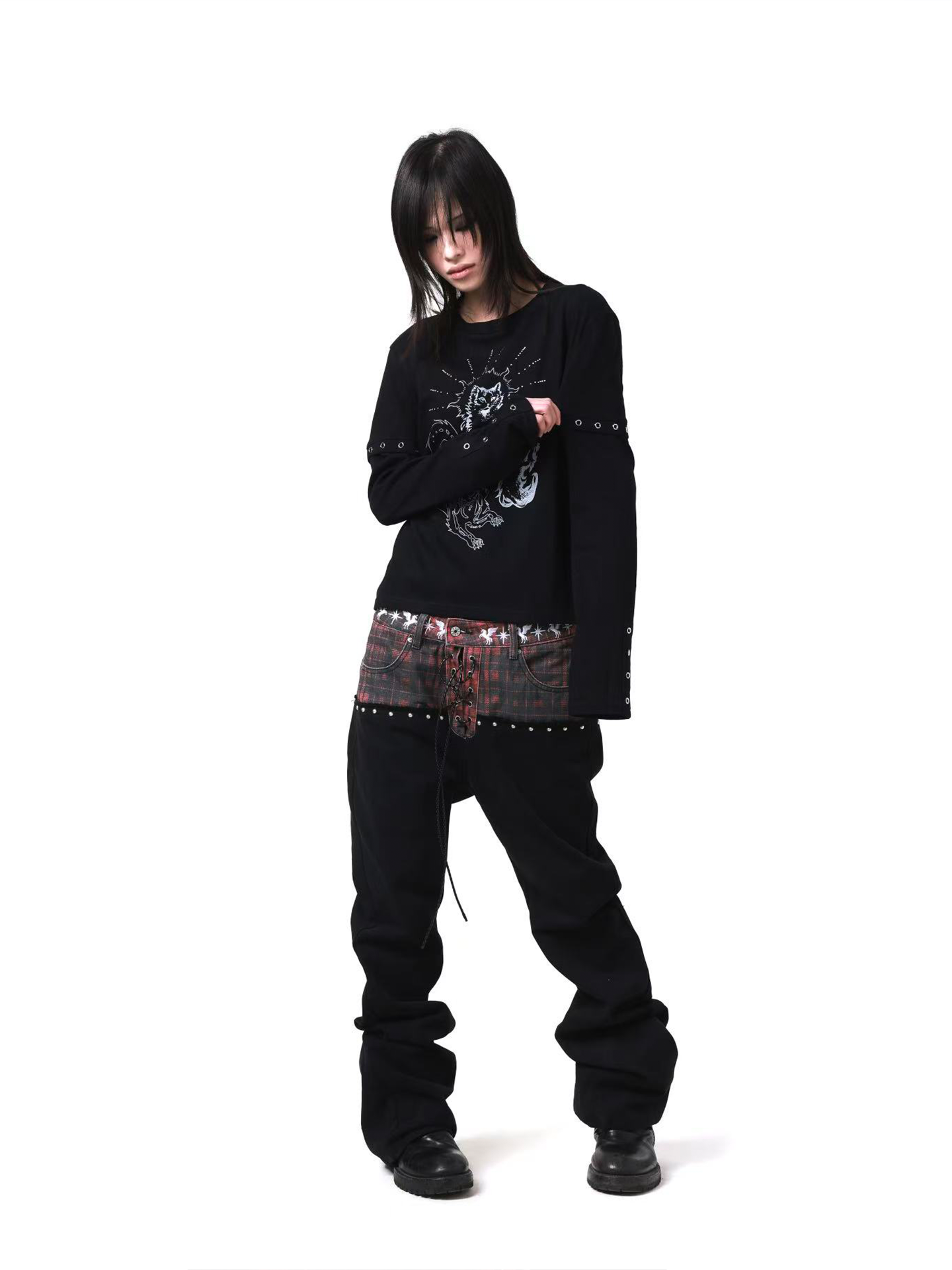 DETW Fake Two Pieces Micro-elastic Thin Metal Embellished Long Sleeves