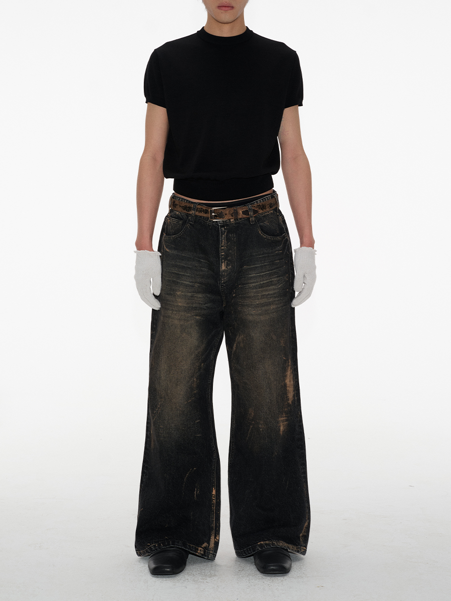 JCAESAR Paint Wipe Dirty Straight Loose Jeans