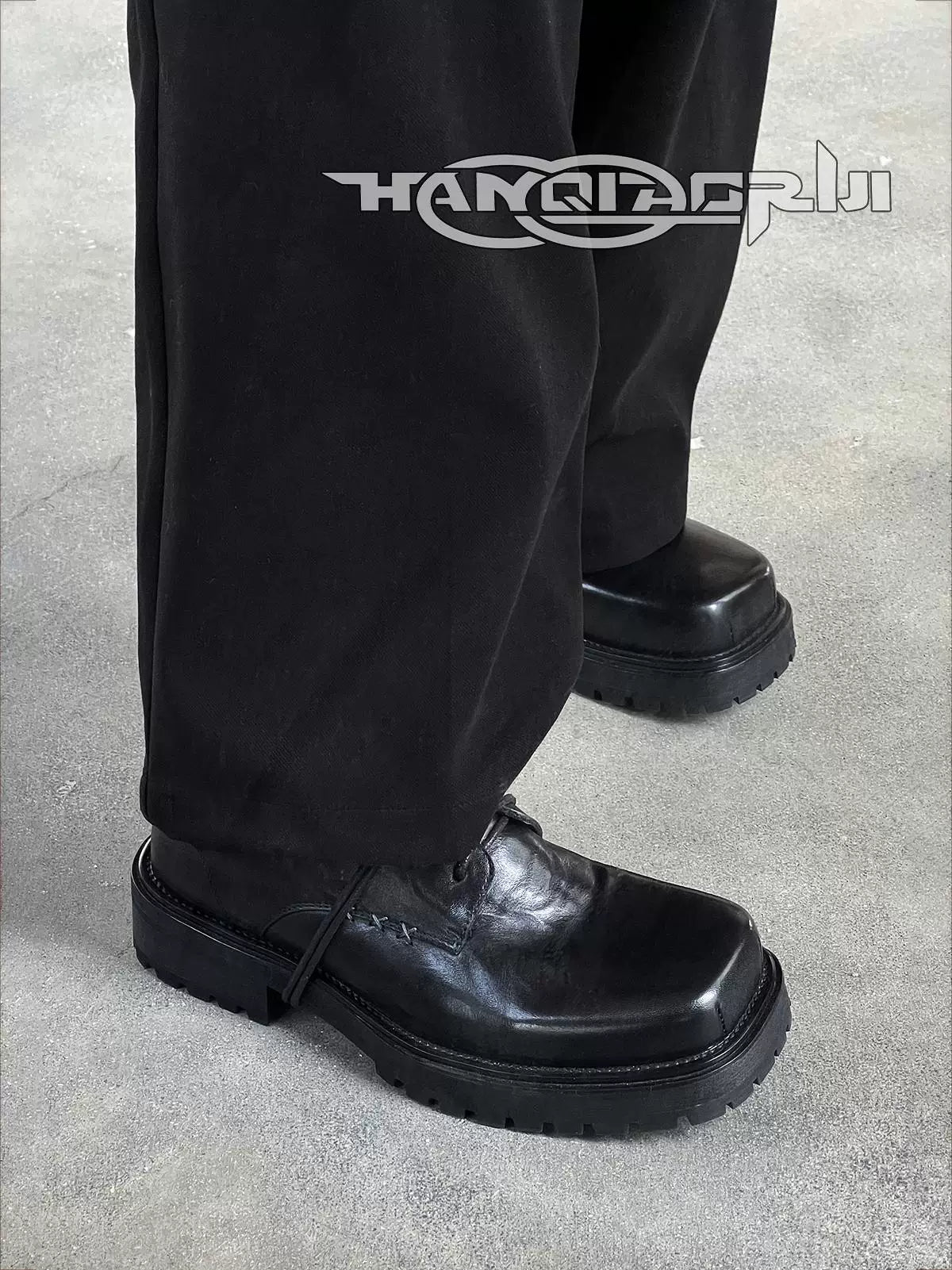 HANQIAORJI Cowhide Square Head Height-increasing Casual Leather Shoes