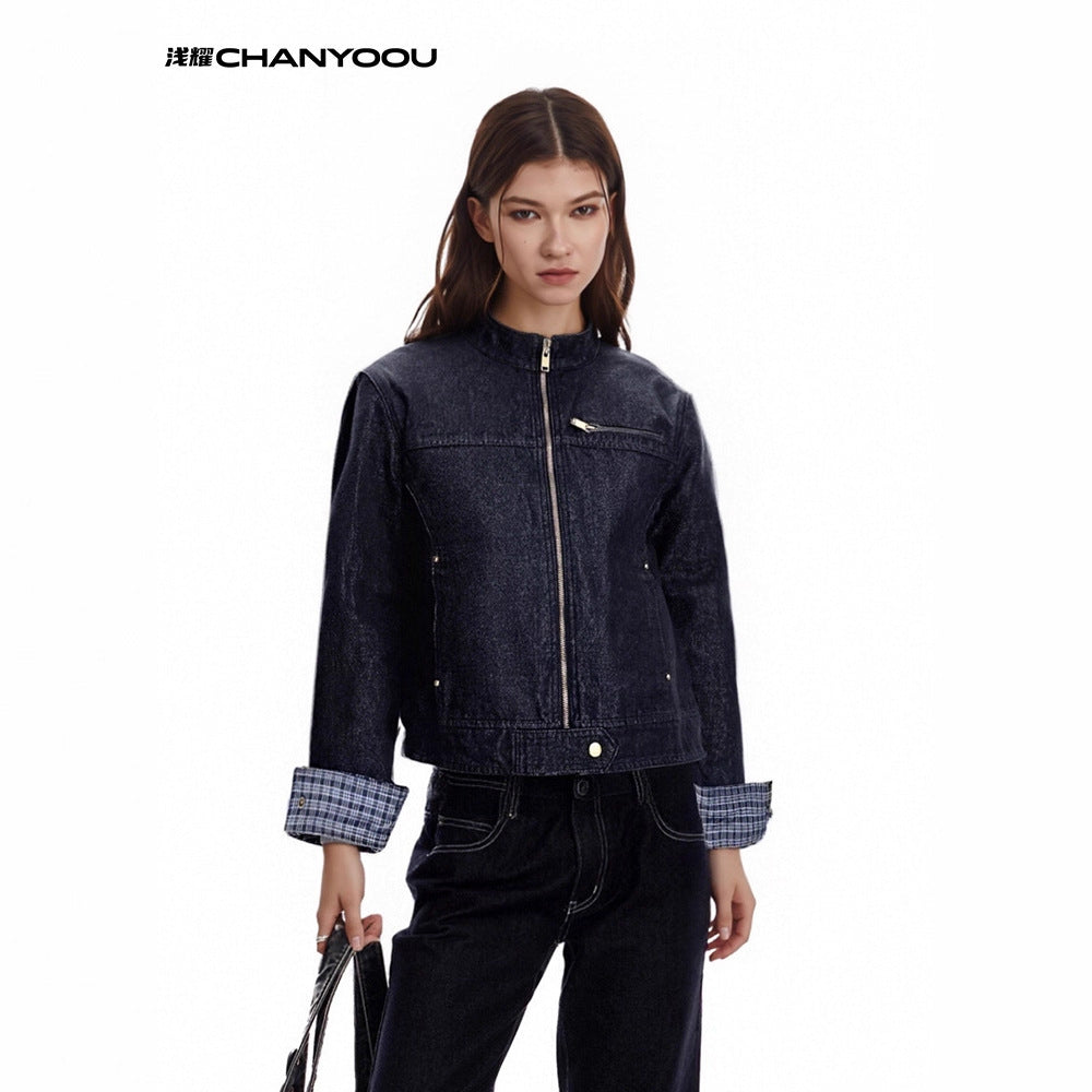 CHANYOOU Retro Stand-up Collar Contrasting Color Splicing Tooling Jacket