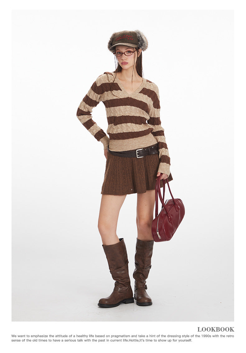 Nariele Striped Hooded V-Neck Long Sleeve Sweater