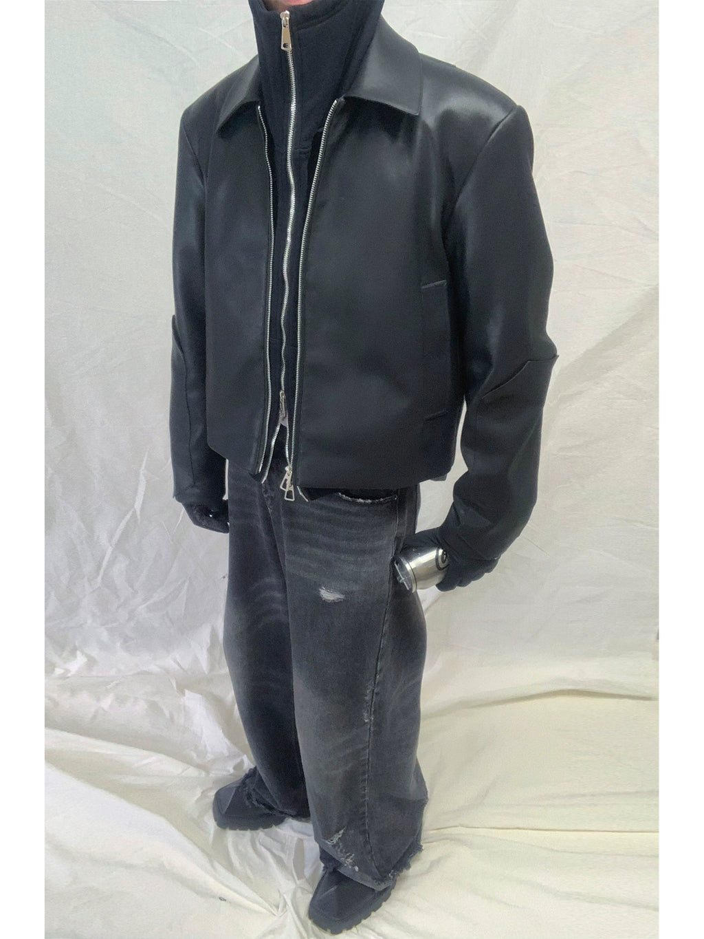 SOUTHFISH Minimalist Double-open Zipper Short Leather Jacket