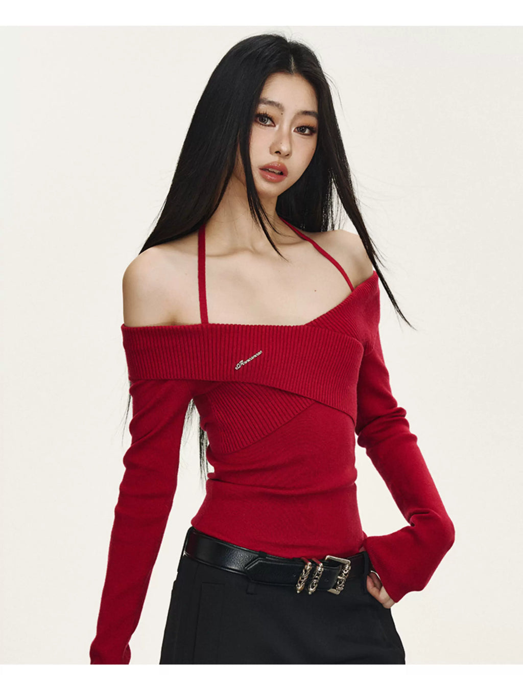 Anna Aneae Cross Off-Shoulder Knit Long Sleeves