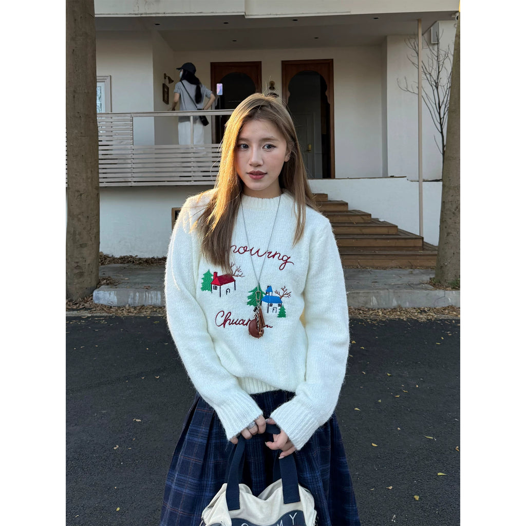 CCYE Vintage Embroidered Crew Neck Pullover Knitted Sweater