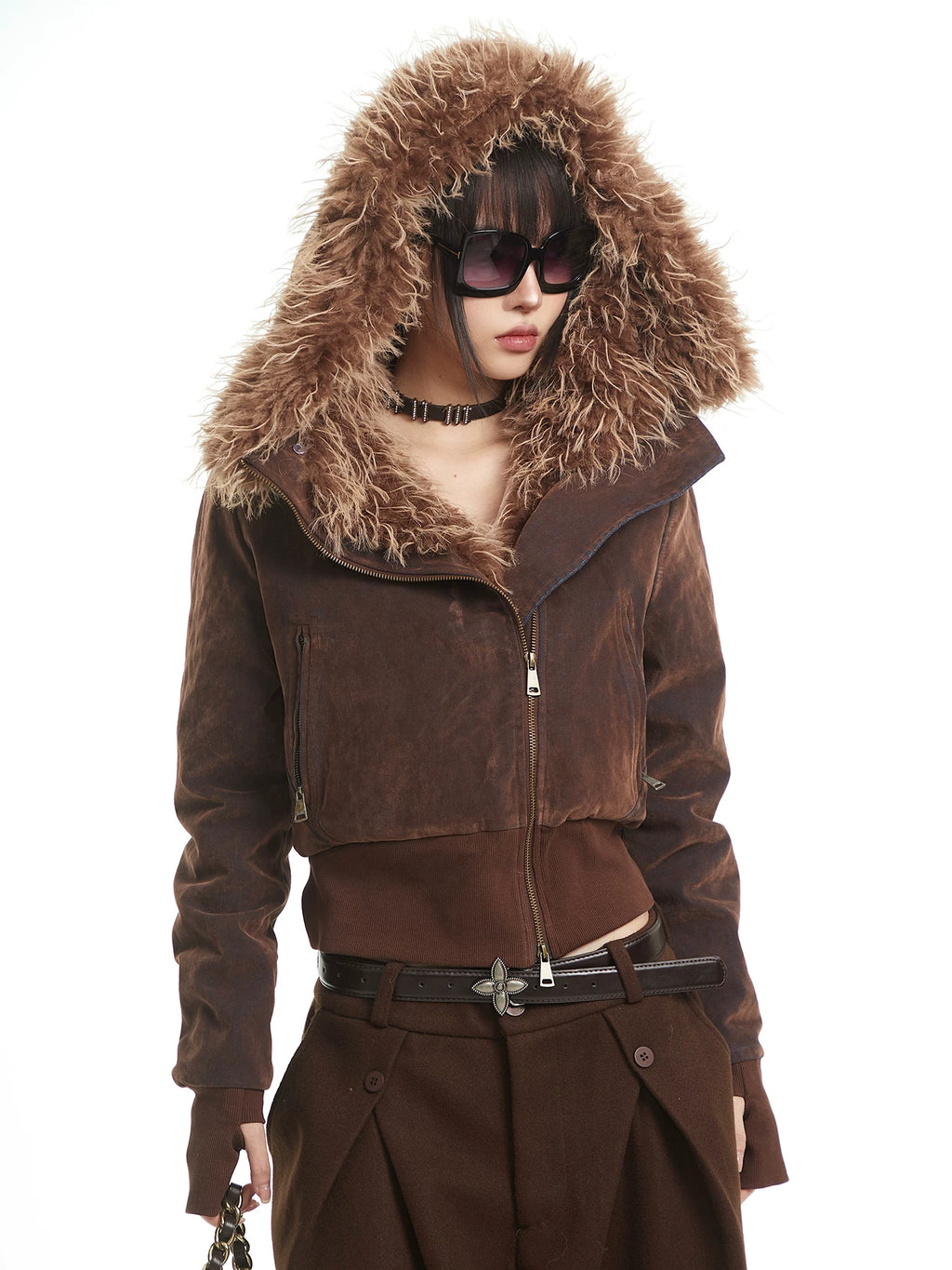 UNCMHISEX Big Fur Collar Hooded Padded Short Jacket