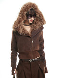 UNCMHISEX Big Fur Collar Hooded Padded Short Jacket